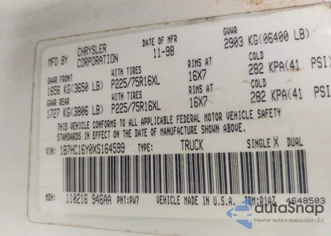 1999 Dodge Ram 1500 St из США, поврежденный, VIN 1B7HC16Y0XS164599